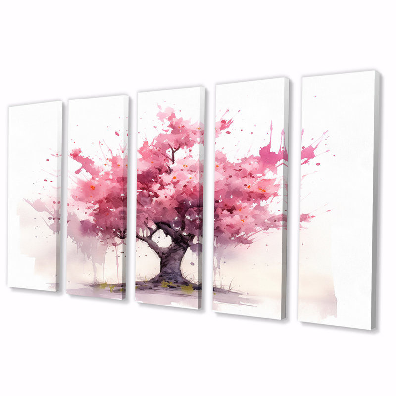 «Pink Blossoming Tree Watercolor Bliss I - Landscape Trees Wall Art Living Room» - 5 panneaux égaux