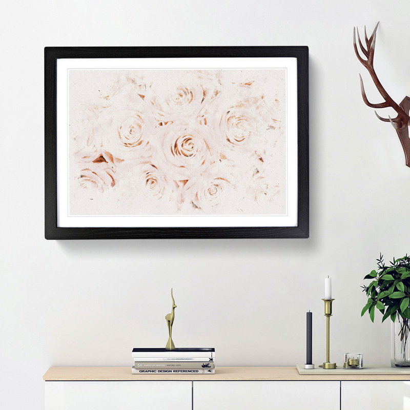 Wall Of Pink Roses Watercolour - Picture Frame Graphic Art, Black, 33cm H x 45cm W x 2cm D