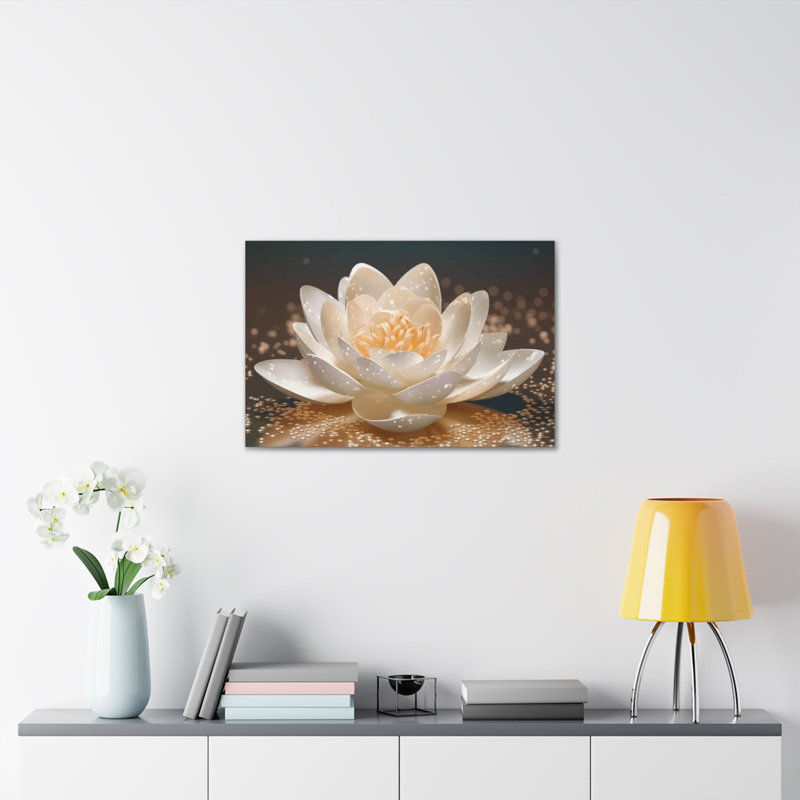 Magnifique fleur blanche sur toile de lotus, H 12 po x l 18 po