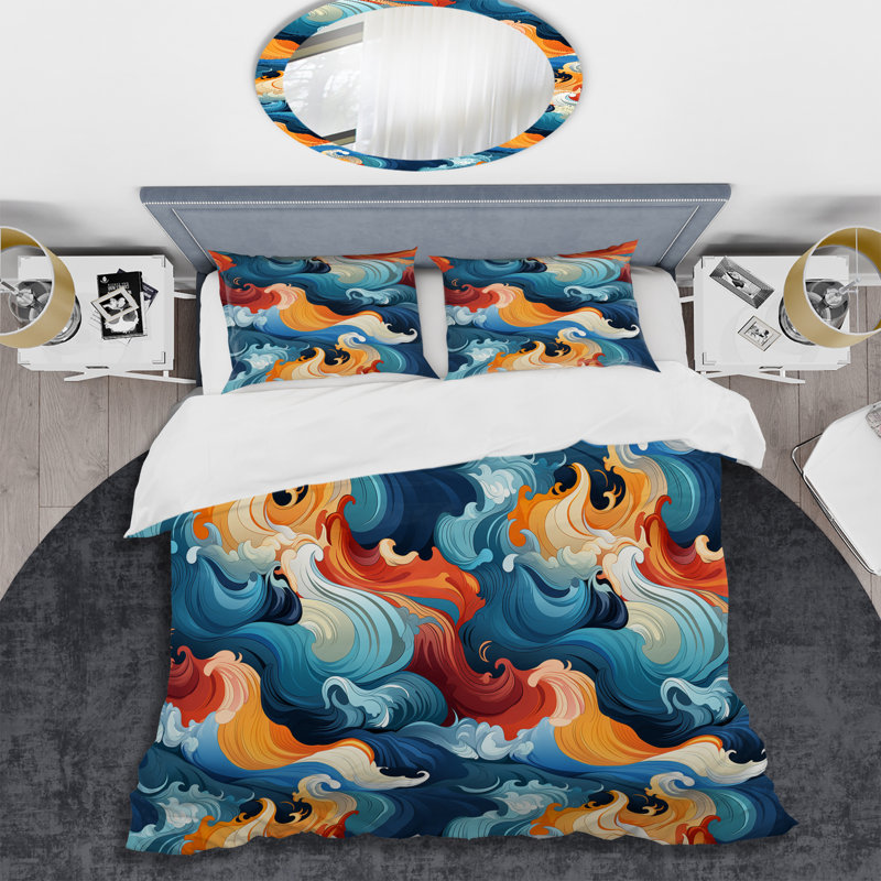 Literie bleue et orange à vagues tourbillonnantes Harmony IV, Housse de couette simple + 1 taie décorative stan