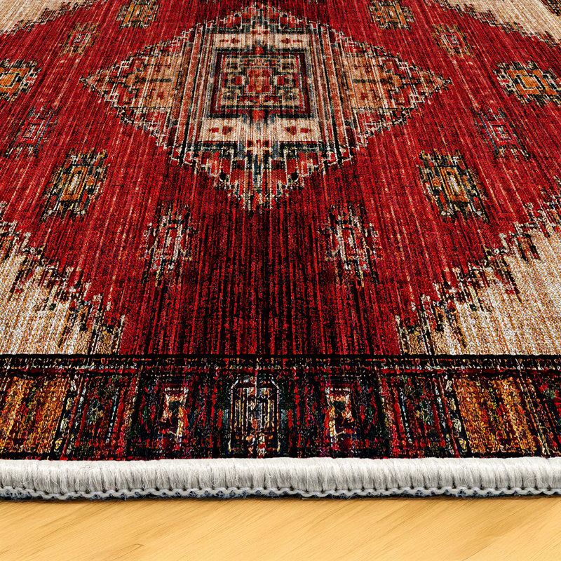 Strawbridge Red Beige Brown Moroccan Machine Printed Cotton Polyester Area Rug, Runner 2'8" x 9'11"