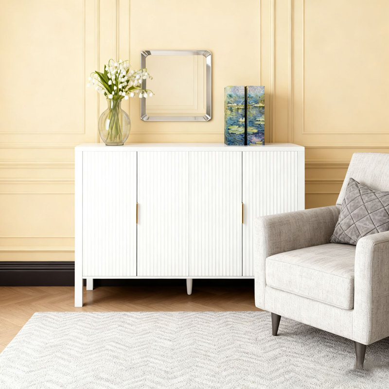 Buffet 57,5 po en MDF à 4 portes avec tablettes de rangement et crochets latéraux, tablettes réglables, Blanc