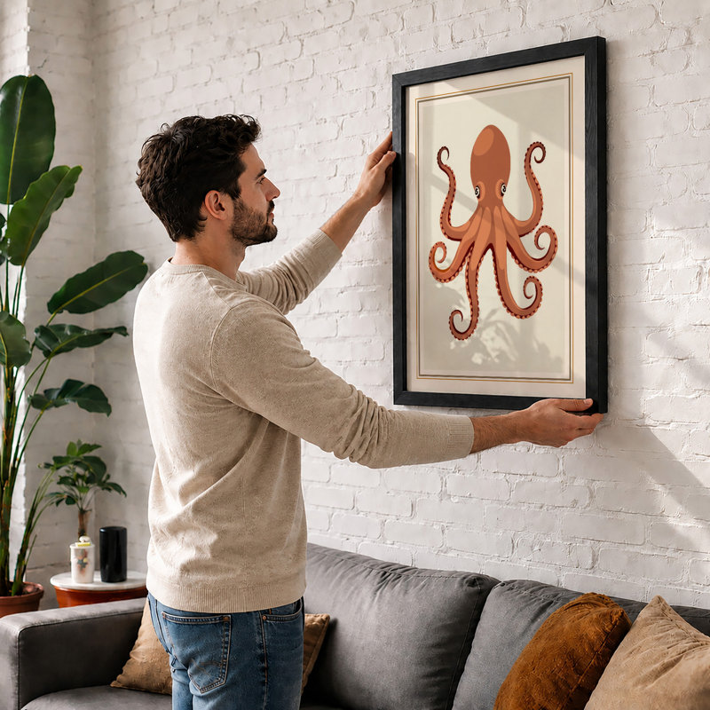 Terracotta Octopus Botanical - Framed Print, A4 - 29.7 x 21.0 cm, White