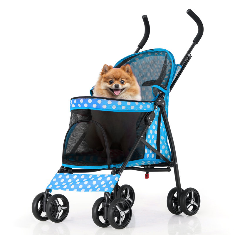 Sky Blue Polka Dot Foldable Pet Stroller with Mesh Windows