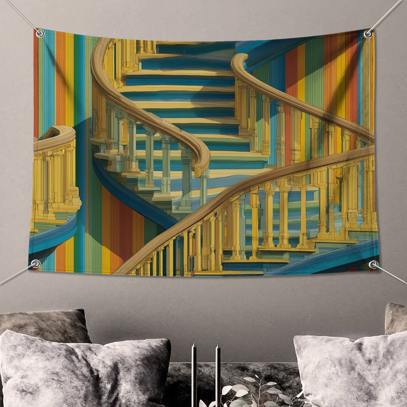 Tapisserie d'escalier incurvé - Décoration murale architecture, 68in H x80in W with 4 Grommets