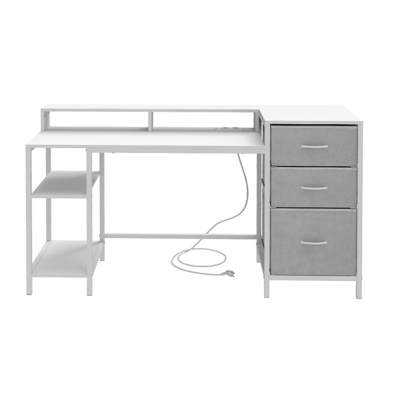 Metal Base Computer Desk with Power Outlet, White