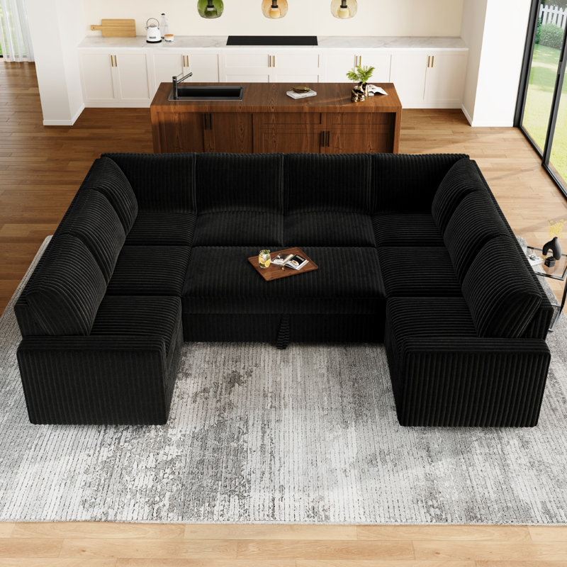 Rundey U Shaped Sleeper Sofa Sectional Sofa Bed With Storage Seat, Black Corduroy 