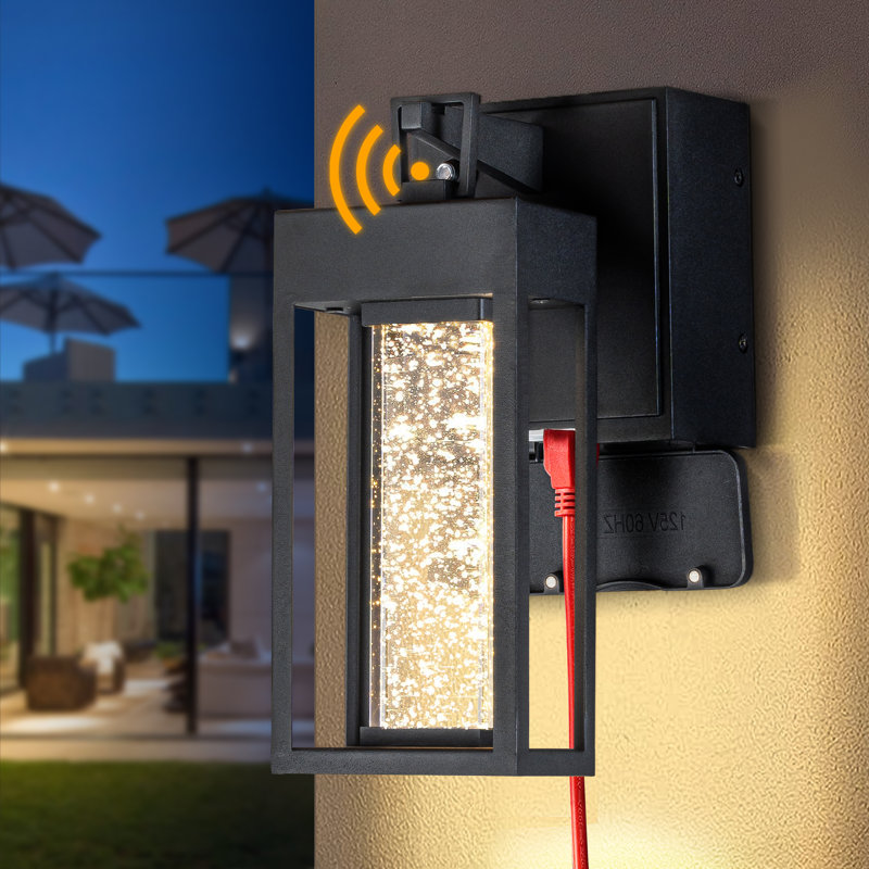 Farhib Modern LED 3000K Dusk to Dawn and GFCI Outlets Sensor Outdoor Black Wall Lantern Sconce with Seeded Glass