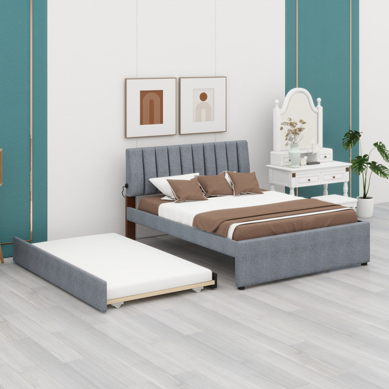 Lit plateforme tapissier avec lit gigogne, Gris