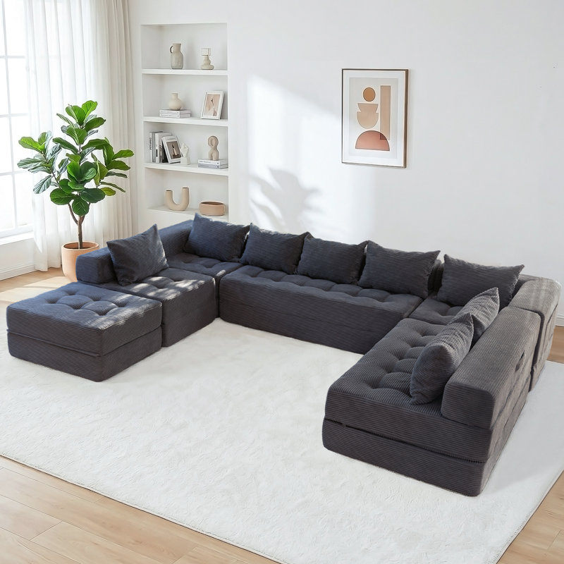 Boneless U Shaped Modular Sectional Sofa Couch, Gray Corduroy, 15" H x 133" W x 87" D