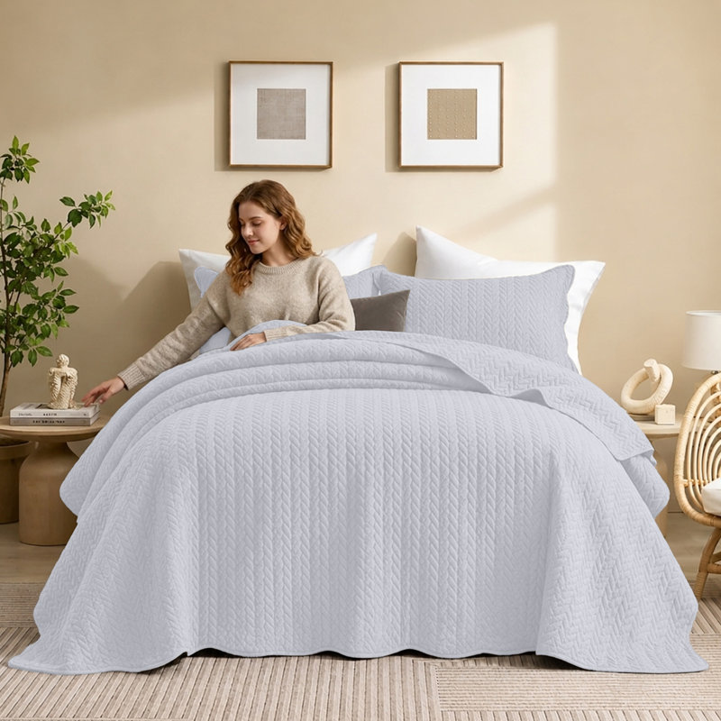 Microfiber Embossed Oversized Modern & Contemporary Bedspread Set With Shams, California King Bedspread + 2 Pillowcases