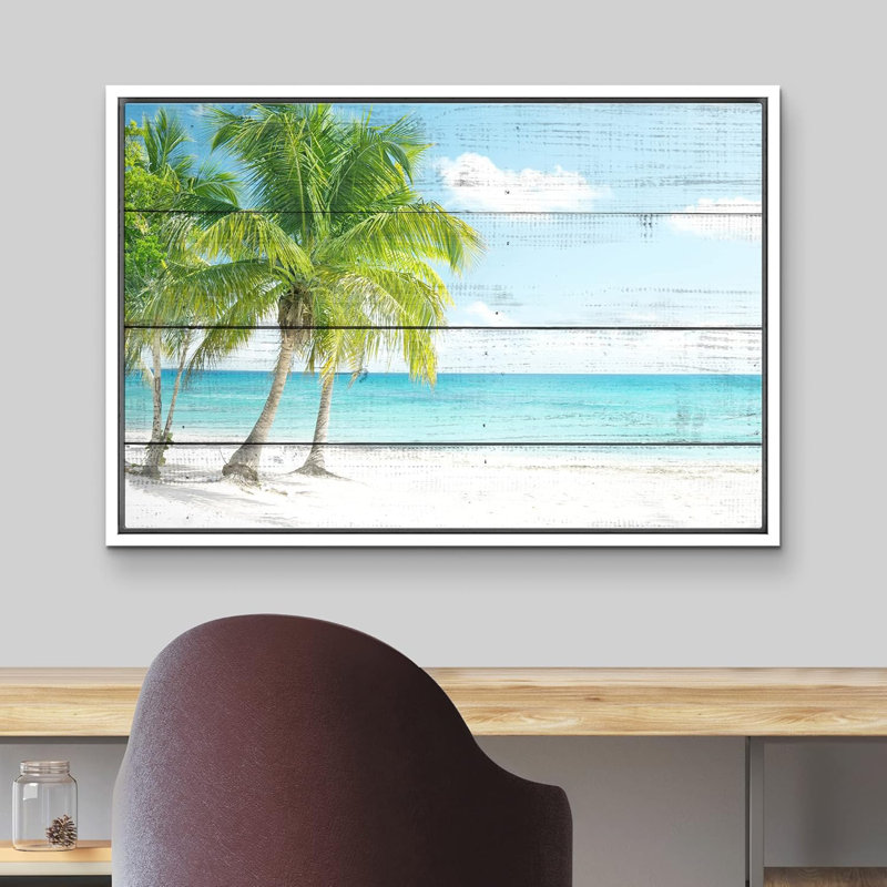 Palmier tropical, océan, paradis, effet de bois, panneaux, art moderne, rustique, H 24 po x l 36 po, Cadre flottant blanc