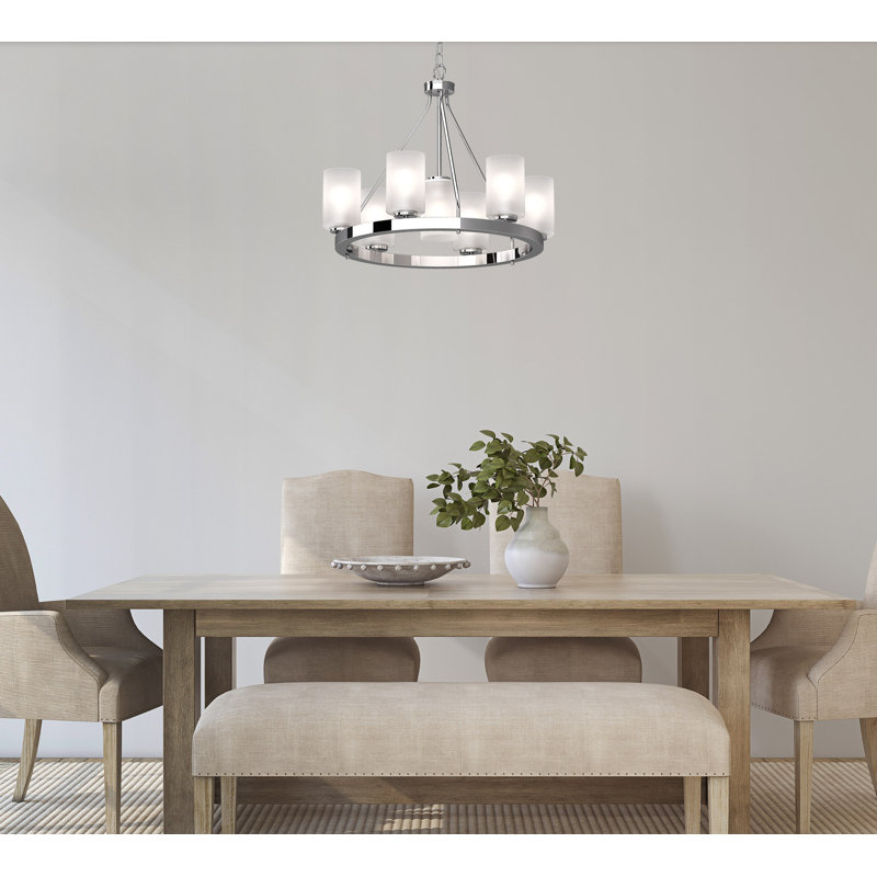 Lustre en chrome à 7 lumières avec abat-jour cylindrique en verre givré Emery