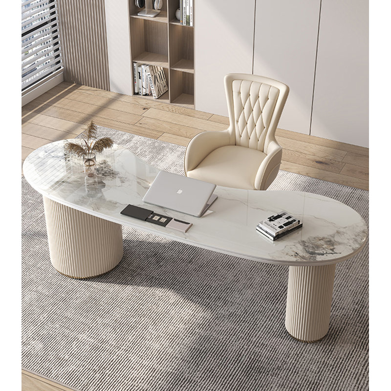 Bureau moderne courbé avec plateau en pierre frittée et 3 tiroirs, H 29,5 po x l 63 po x P 27,6 po