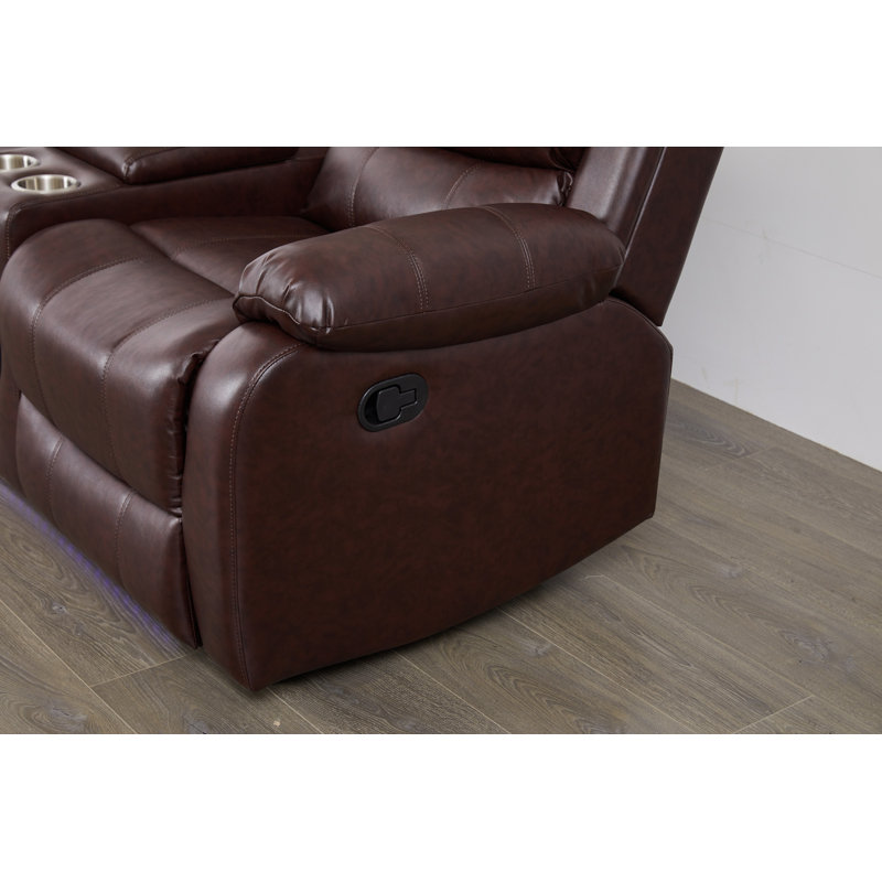 Faux Leather Manual Reclining Loveseat with LED Lights and console, Brown