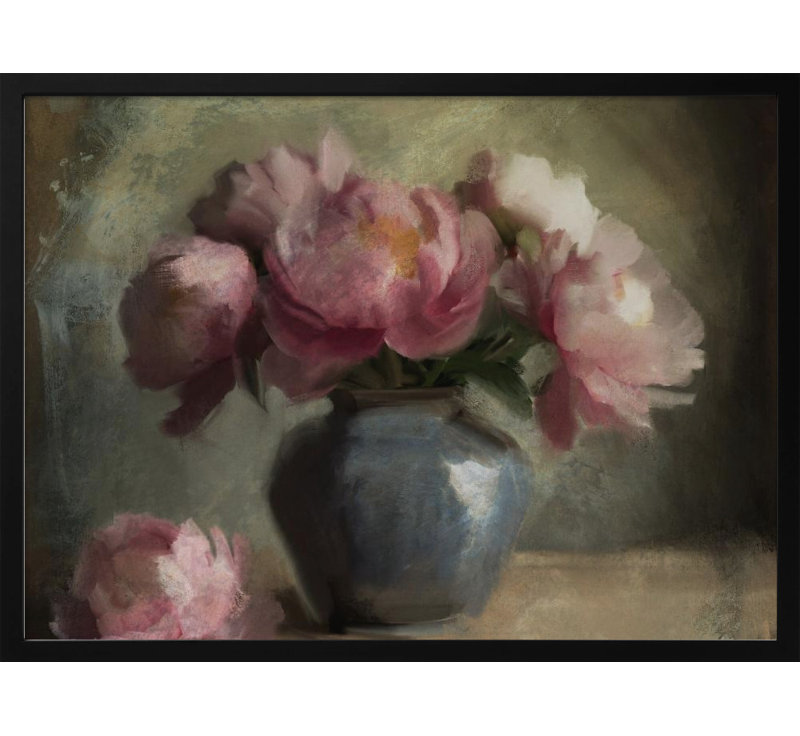 "Pivoines En Rose", art mural texturé encadré, H 10 po x l 14 po, Noir