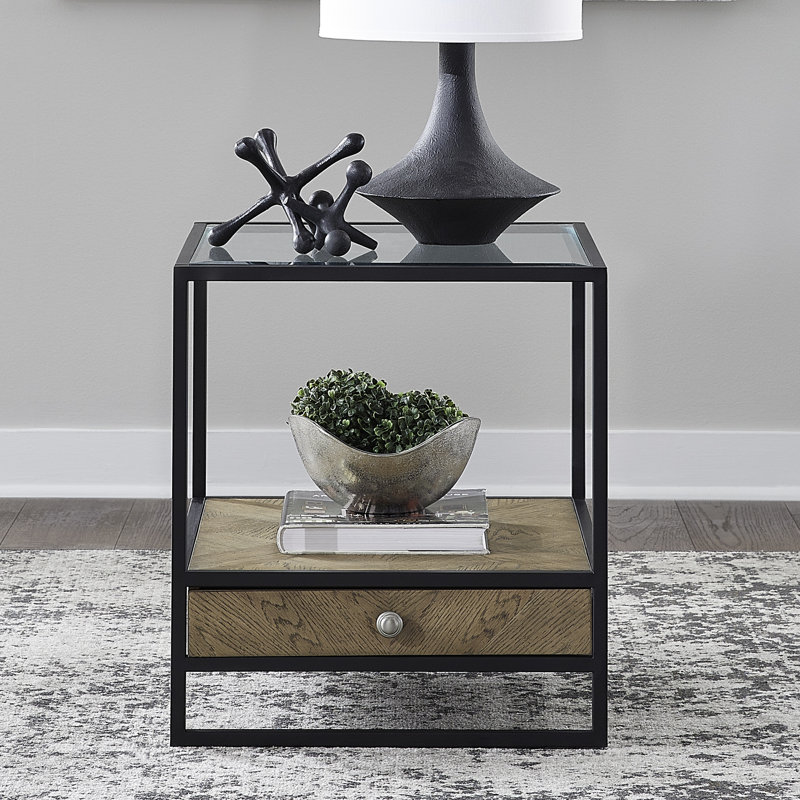 Table de bout Jaylan avec plateau en verre trempé et 1 tiroir