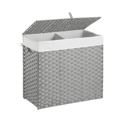 Wicker Laundry Hamper with Lid,34 Gal(130 L) Rattan Laundry Basket 2 Sections with Lid, Removable Machine Washable Line, Large Clothes Hamper with Handles for Bathroom Bedroom, Gray