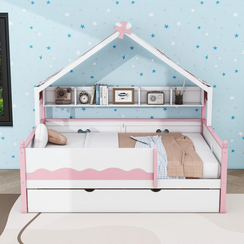 Lit en forme de maison avec auvent de tente, bibliothèque intégrée et lit gigogne simple, Lit double, Rose blanc