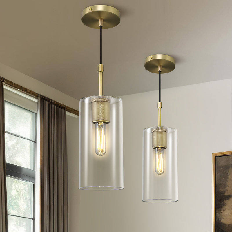 1 - Light Cylinder Glass Pendant For Kitchen Island (set Of 2), Brass