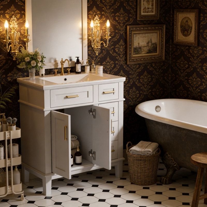 Meuble-lavabo moderne de 30 po avec lavabo en céramique, armoire de rangement compacte avec portes et tiroirs à fermeture en douceur, meuble-lavabo à cadre en bois massif avec poignées en alliage de zinc doré
