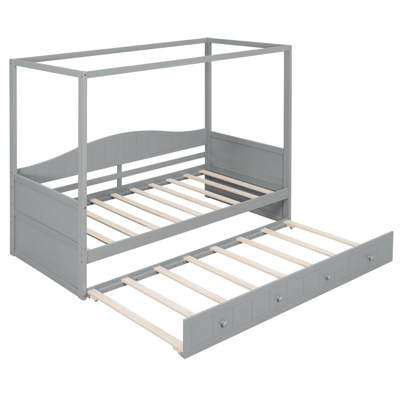 Lit de jour simple en bois massif + panneau de fibres à densité moyenne gris avec lit gigogne - 1 pièce