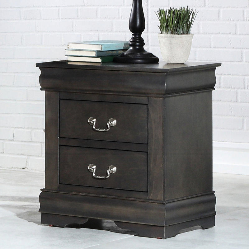 Table de chevet en pin massif avec 2 tiroirs, gris foncé - Faites de votre chambre une table de chevet à poignées en métal Haven