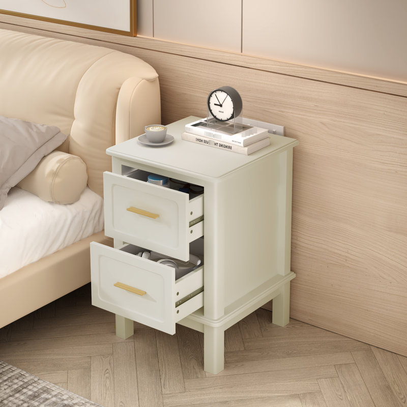 Table de chevet à 2 tiroirs avec poignées dorées, conception moderne, parfaite pour organiser les essentiels de chevet dans les petits espaces de vie blanc