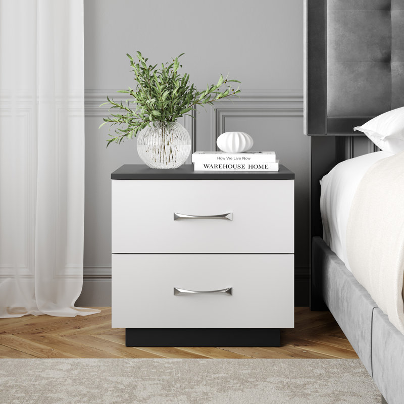 Sleep Hamilton Double Drawer Low Profile Nightstand, White/Black