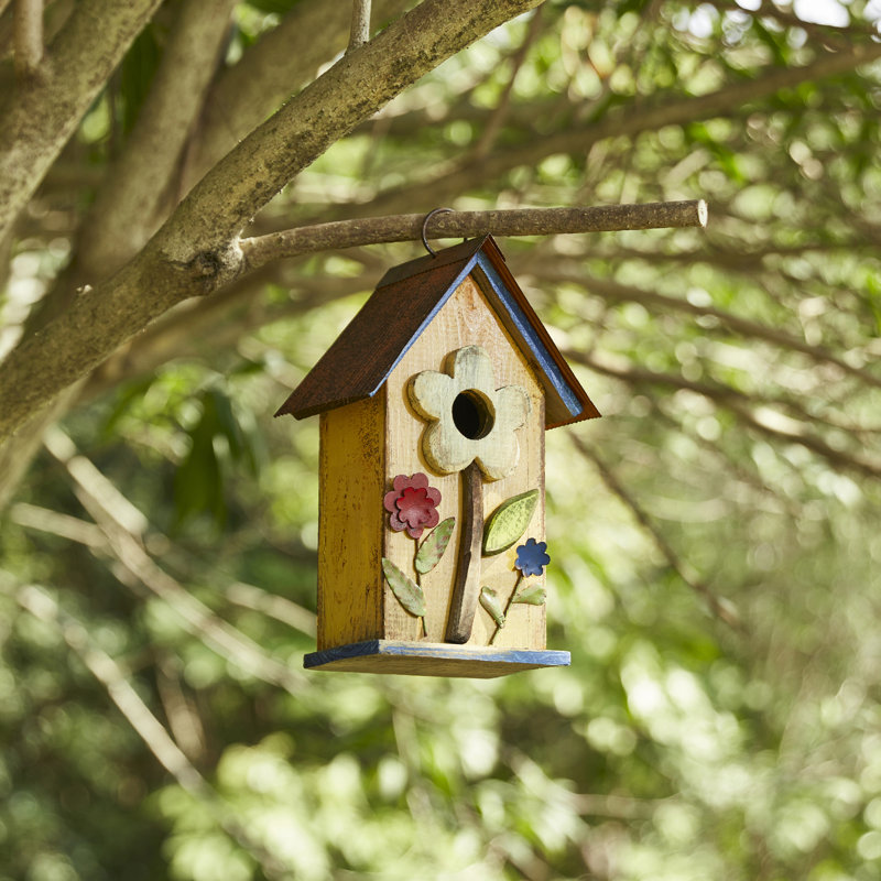 Yellow Distressed Solid Wood Birdhouse with 3D Flowers