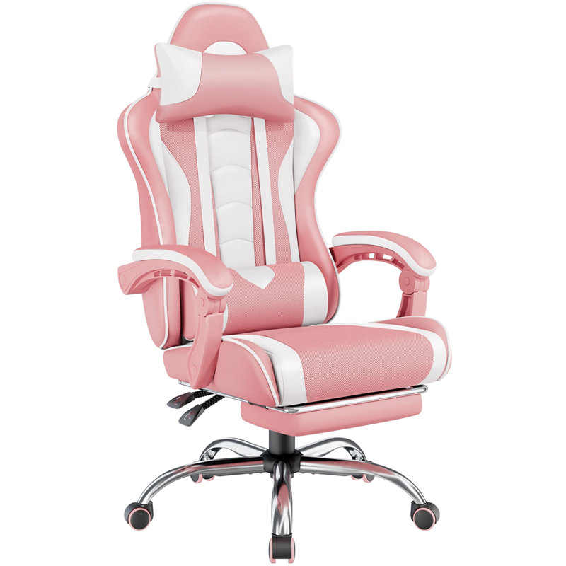 Metro Lane Adjustable Reclining Ergonomic Faux Leather Swiveling PC & Racing Game Chair with Footrest, Pink/White