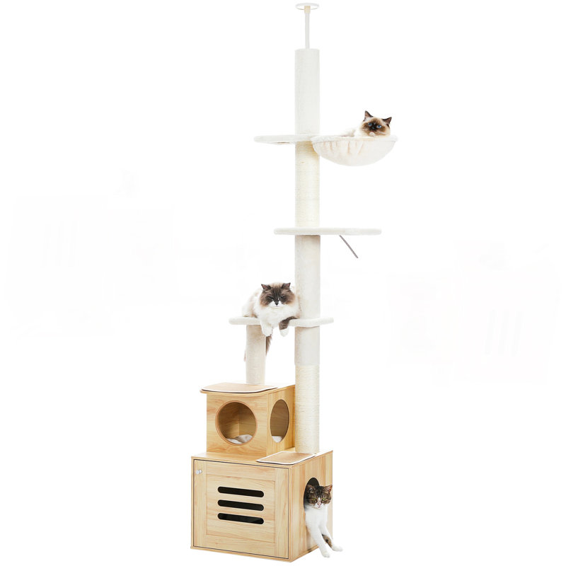 Arbre à chat réglable de 90,5 po à 110,2 po à 6 niveaux avec bac à litière, Beige