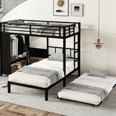 Black Twin Over Metal Bunk Bed With A Built - In Closet, Roll Under Trundle, Foldable Work Desk, And Full Length Guardrails Space Saving Safe Color Large Wardrobe, Slide Out Study Table, Noise
