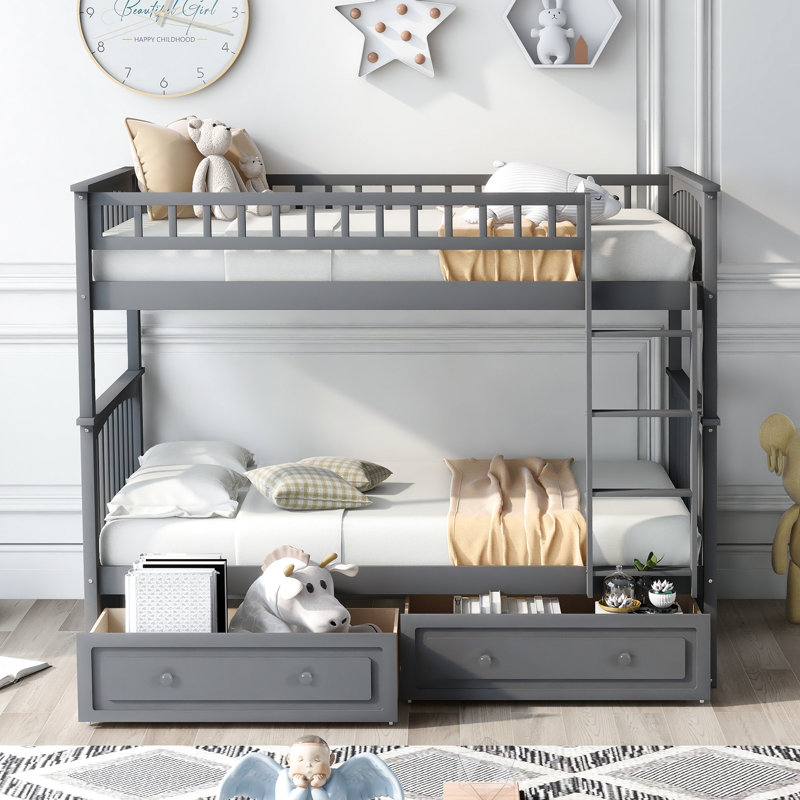 Lit superposé simple gris avec tiroirs - sécuritaire et stable, Twin, Grey