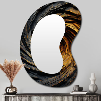 Spirale abstraite jaune et noire «Essinger» - miroir mural asymétrique à spirales abstraites, miroir décoratif de forme unique moderne, impression sur métal