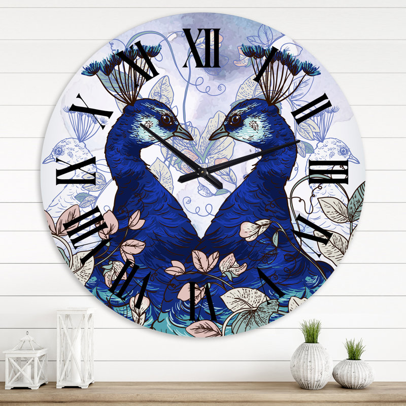 Deux paons bleus avec des fleurs sauvages - horloge murale traditionnelle, Surdimensionné