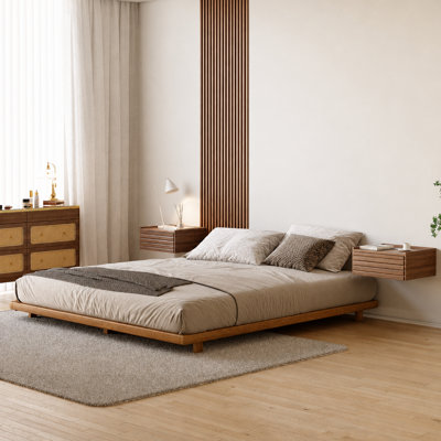 Structure de lit en métal de style japonais avec très grand lit et sans sommier pour la chambre à coucher couleur noyer