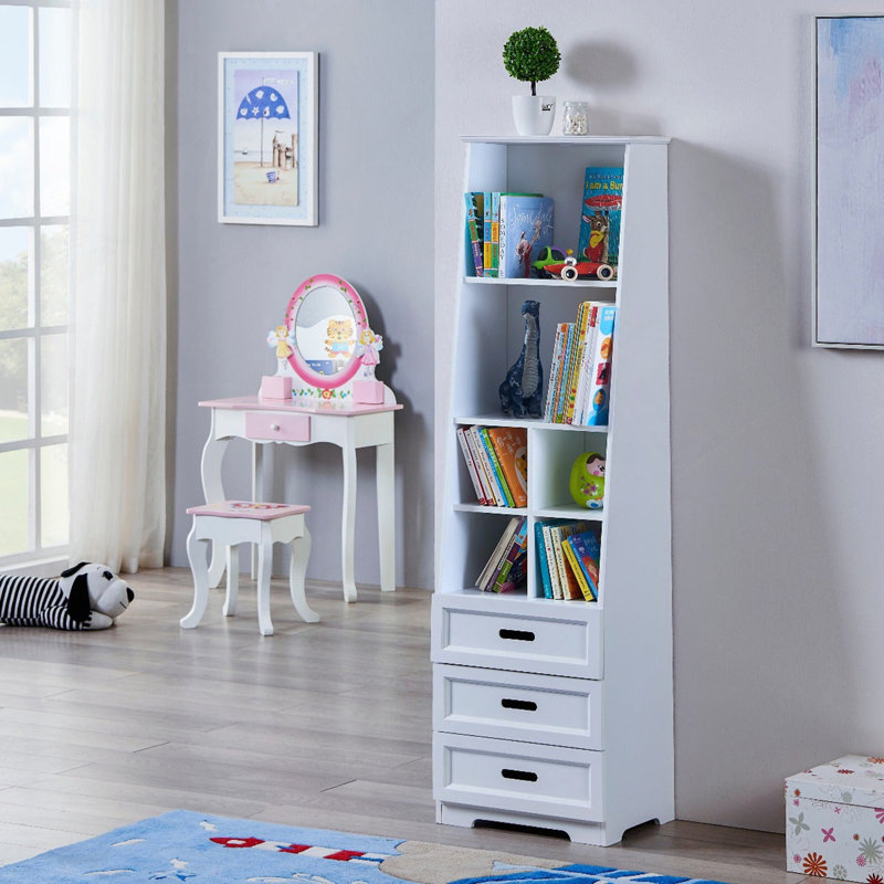 Kids Funnel White Bookcase Book Shelf Storage Unit With Book Display/Organizer Drawers - Classic White Color
