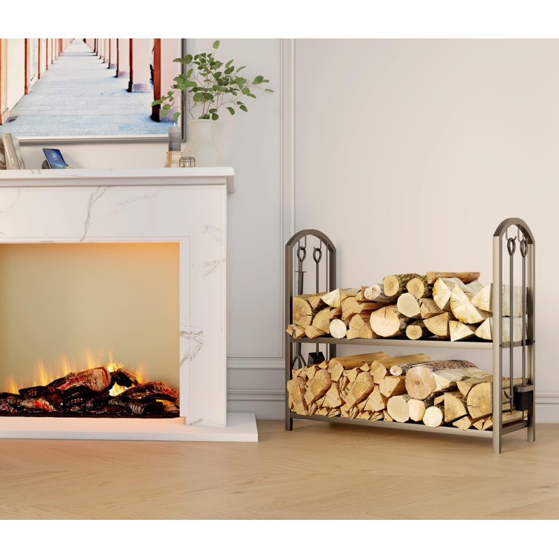 Porte-bûches avec support à bûches pour foyer 5 pièces avec 4 outils