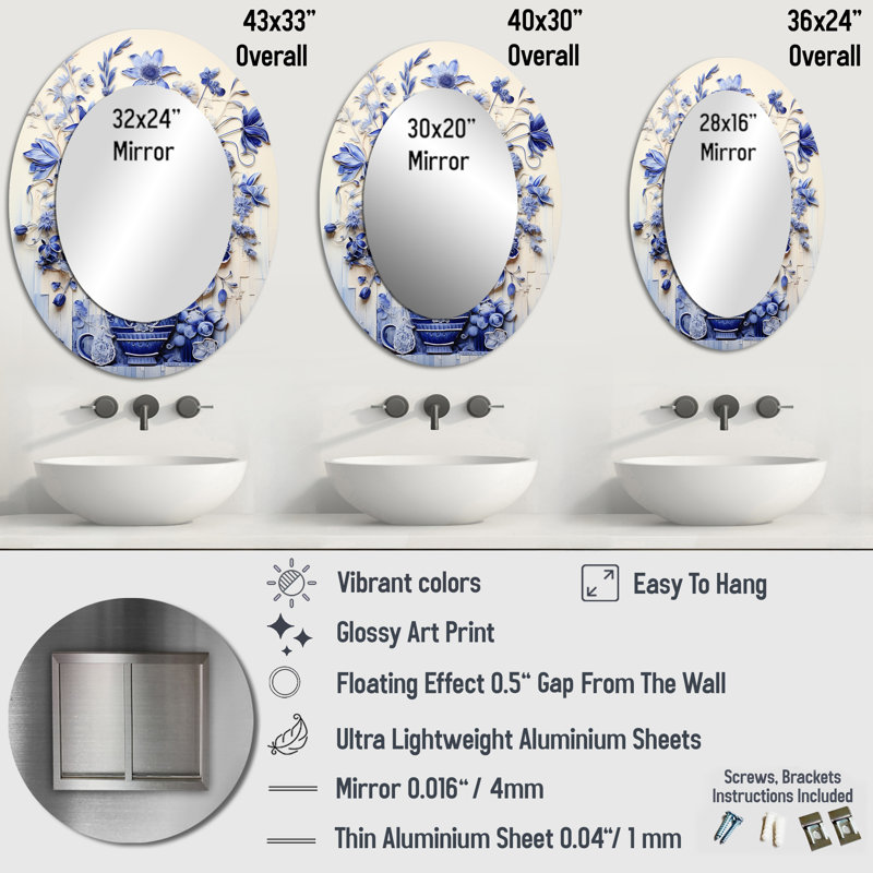 Décoration murale bleu et blanc Boho Plant Pottery II - Miroir mural ovale bleu, H 43 po x l 33 po