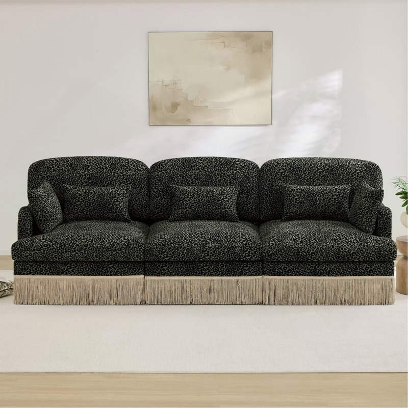 Canapé de 100 po en chenille 100 po à imprimé léopard confortable, bord à pampille délicat, canapé modulaire à la mode moderne, dossier et siège ergonomiques, assemblage facile, siège profond pour le salon, vert noir