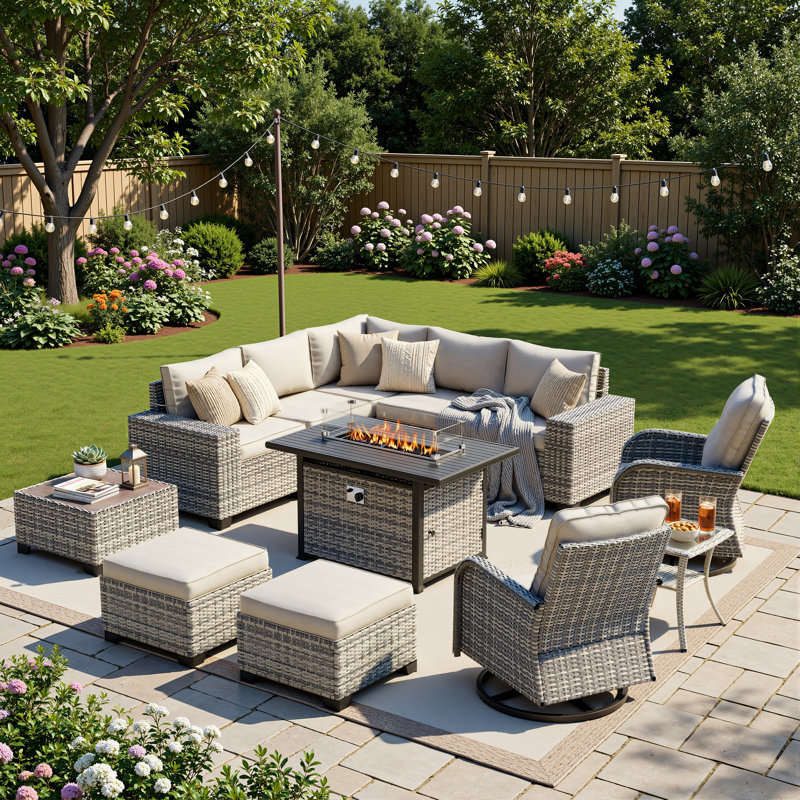 12-Piece Outdoor Modular Sectional Patio Conversation Set With Fire Pit Table, Swivel Rocker Chairs & Ottomans, Beige