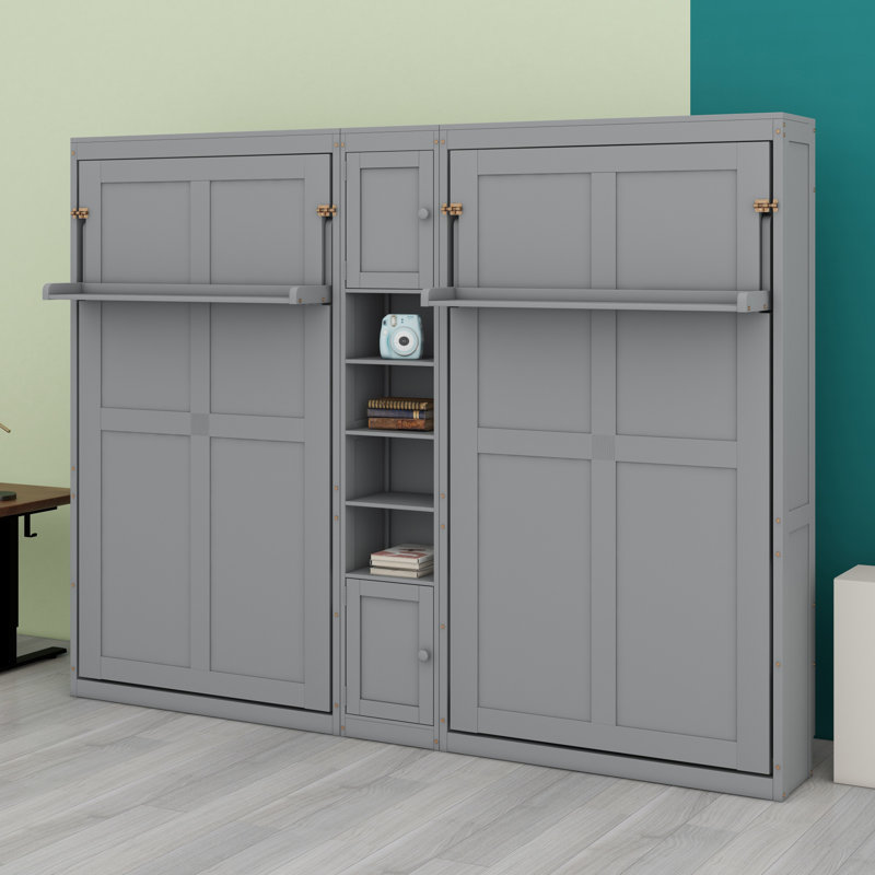 Lits escamotables à double paroi avec armoires et tablettes, Gris