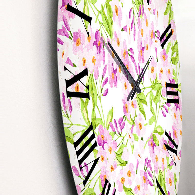 Horloge murale à motif de fleurs roses rétro avec feuilles vertes, Moyen