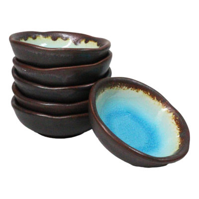 Set Of 6 Blue Sky Aozora Kannyu Ceramic Wavy Round Condiment Sauce Dishes 3oz