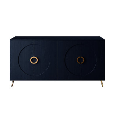 Navy Blue Storage Cabinet With Solid Wood Veneer For Office Decoration Minimalist 4 Door Buffet Living Room