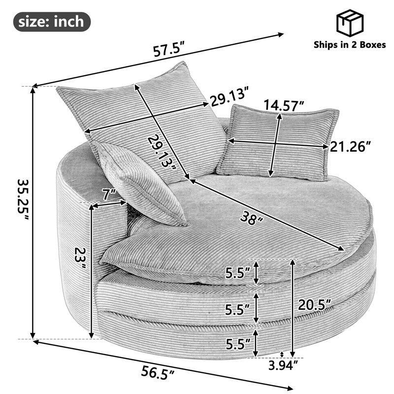360° Swivel Sofa Chair Accent Barrel Chair 57.5"  Swivel Round Chair With Dual-Layer Cushion Design And 3 Removable Pillows For Living Room, Bedroom, Office And Hotel