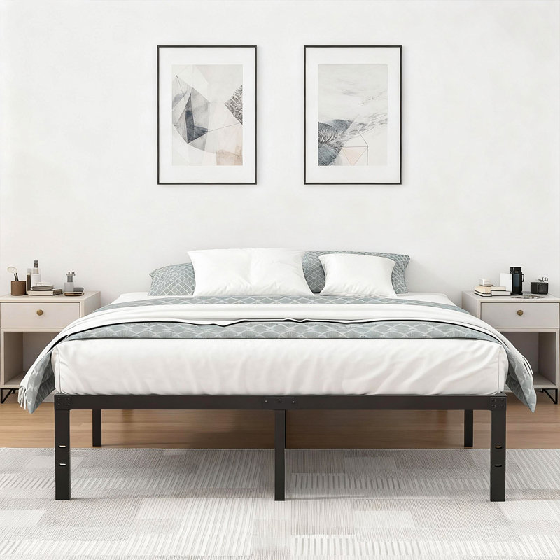 Cadre de lit plateforme en métal 14 po avec tête de lit compatible avec aucun sommier tapissier, grand, Grand lit