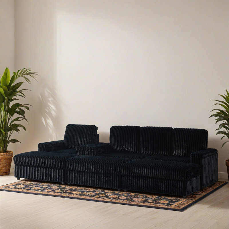 Canapé modulaire 127,12 po avec 3 repose-pieds et canapé-lit modulaire en L 7 places, Noir