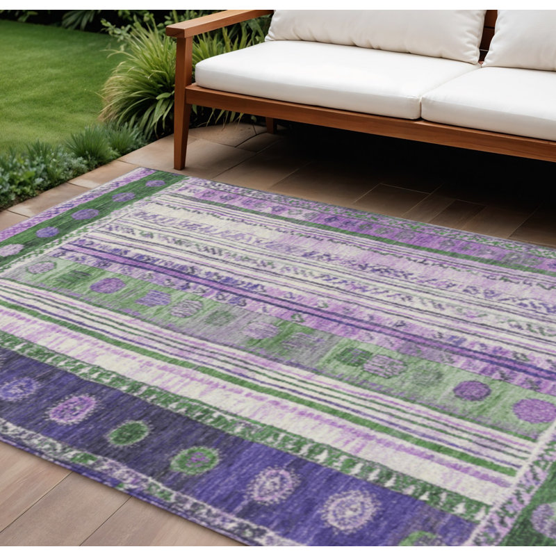 Tapis intérieur lavable rayé vert et mauve 8 pi x 10 pi